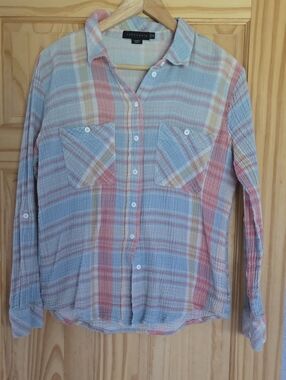 Sanctuary Pastel Plaid Button-Up Shirt in Light Blue and Coral